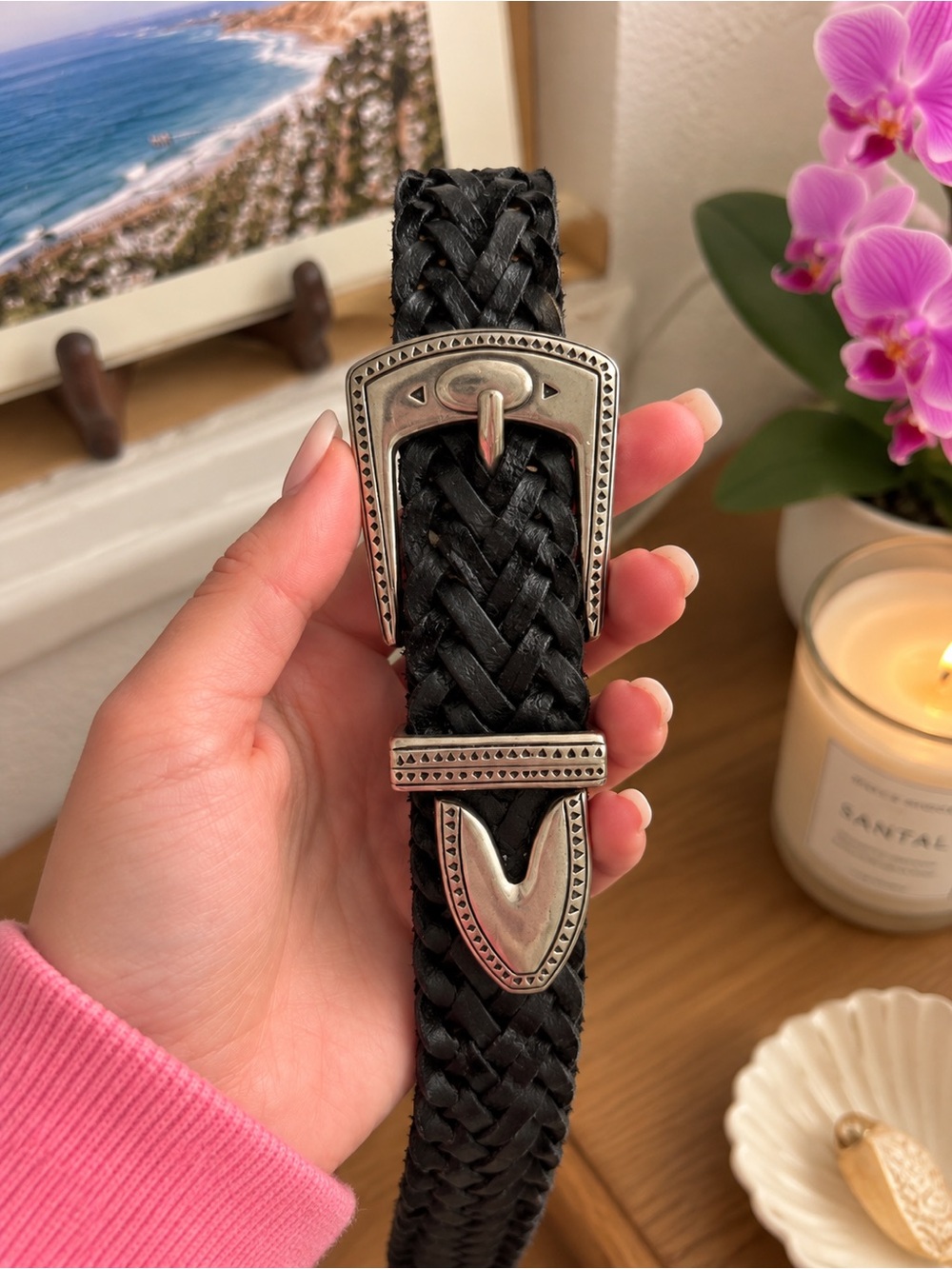 100% Real Black Leather Belt โ Braided Western Silver Hardware Size 40